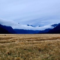 20250501_105844 We have now driven around the mountain range to Eglinton Valley where the clouds ring the mountains looking towards Countess Peak.