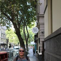 IMG_2013 Sharon in front of the Saint and Rouge restaurant and bar on Little Collins Street.
