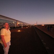 IMG_2200 The Ghan is considered one of the best train trips on the planet, Here Sharon steps off the train in Marla to view the sunrise across the outback.