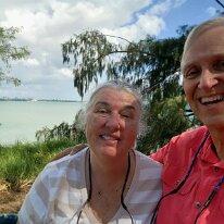 20250420_150542 Sharon and Ken with Darwin in the background.