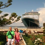 IMG_0983-2 Ken and Sharon in Nafplion with our Holland America cruise ship the Zuiderdam behind us.